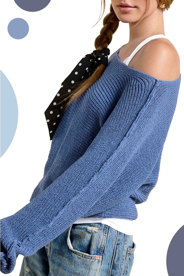 La Miel Boat Neck Off Shoulder Cozy Dolman Sleeve Sweater in Denim - Little Miss Muffin Children & Home