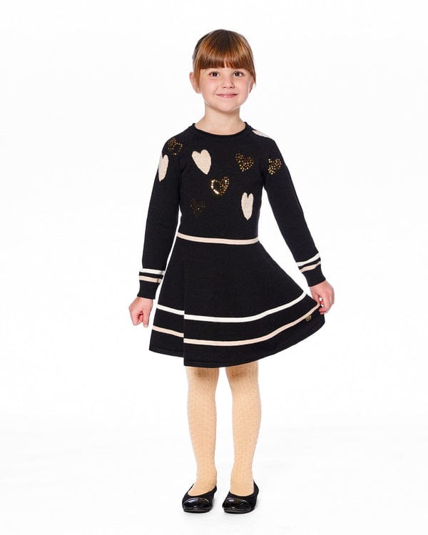 black dress with gold sequin hearts