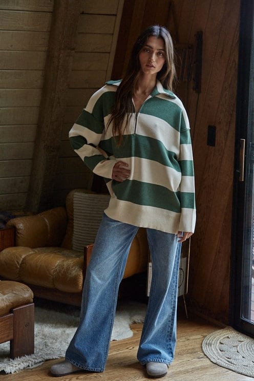 Knit Striped Half Zip Oversized Turtleneck Top in Green & Ivory