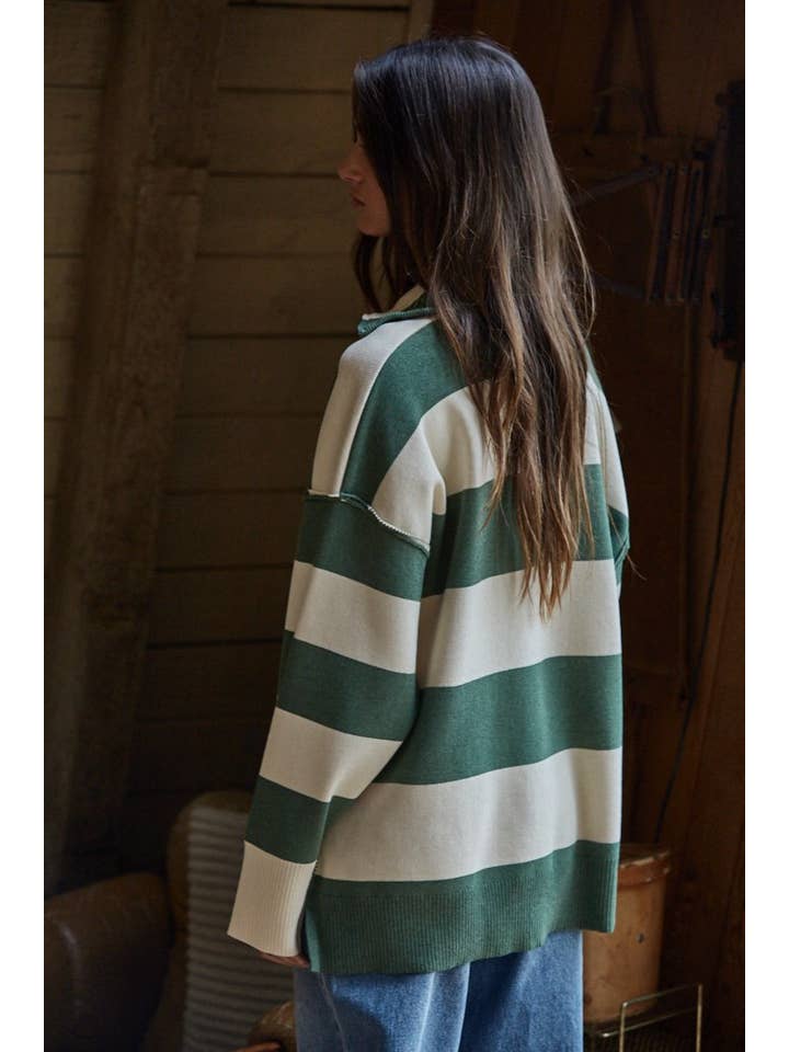 Knit Striped Half Zip Oversized Turtleneck Top in Green & Ivory