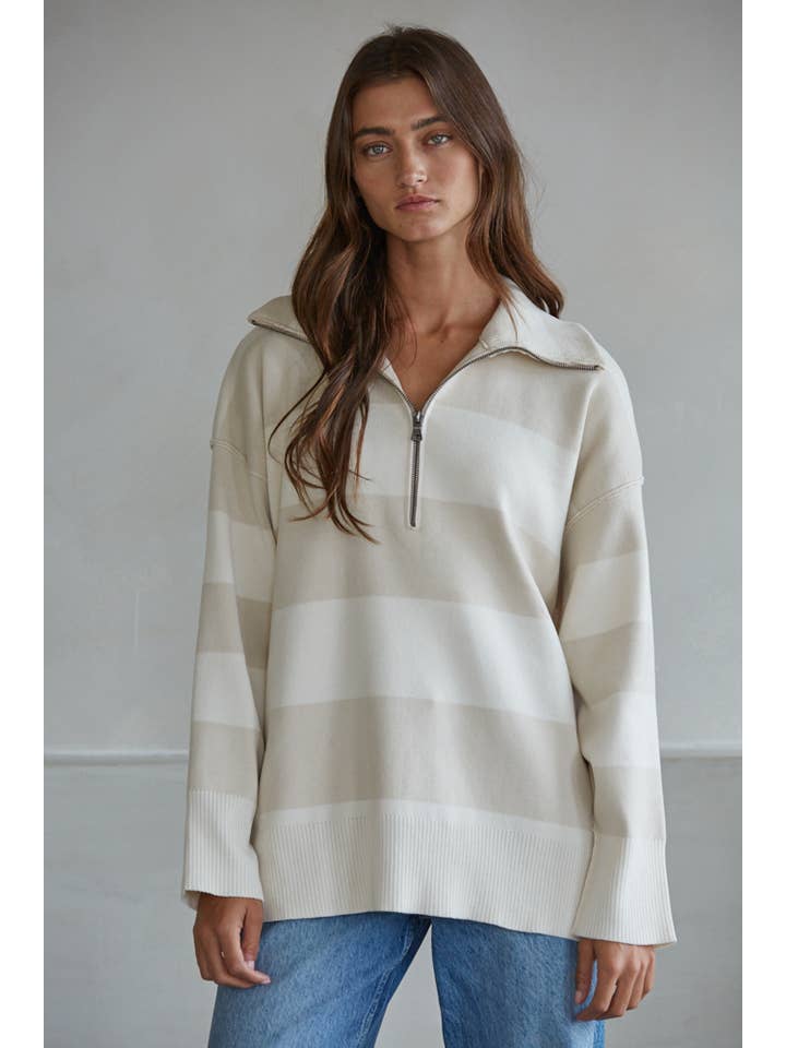 Knit Striped Half Zip Oversized Turtleneck Top in Sand/Cream