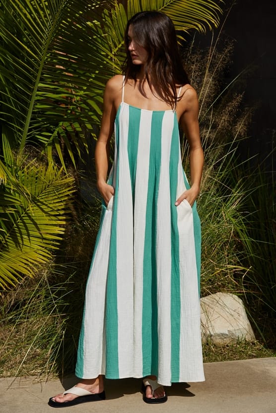 Cotton Gauze Cream Green Striped Cami Pintuck Midi Dress
