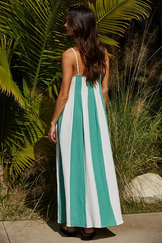 Cotton Gauze Cream Green Striped Cami Pintuck Midi Dress