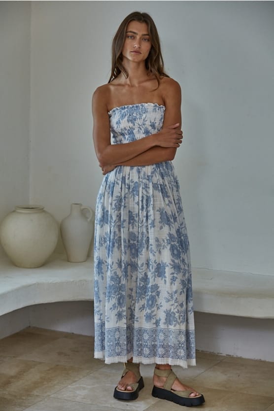 Ivory Blue Floral Smocked Strapless Midi Dress | By Together