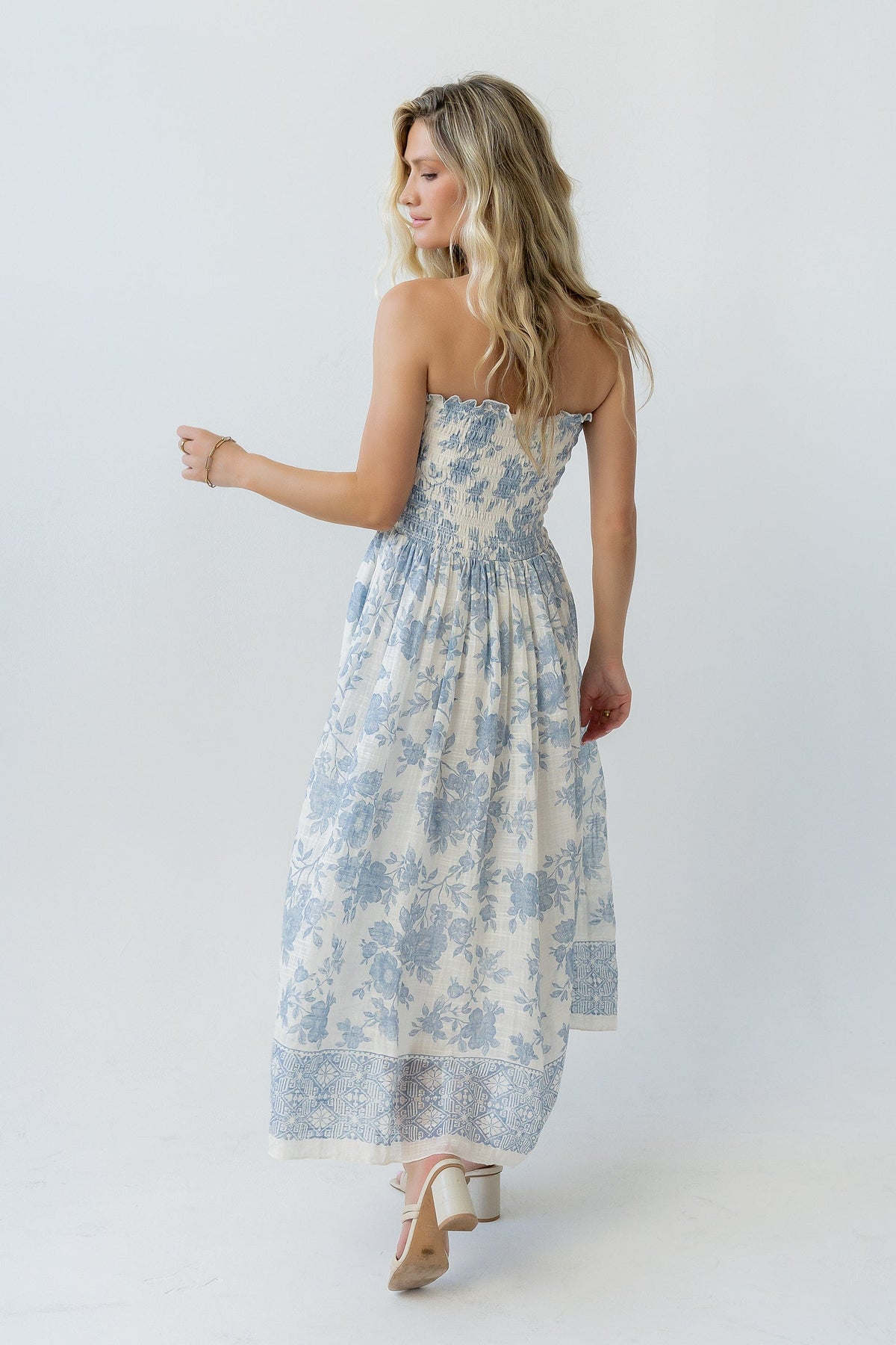 By Together Ivory Blue Floral Smocked Strapless Midi Dress | By Together - Little Miss Muffin Children & Home