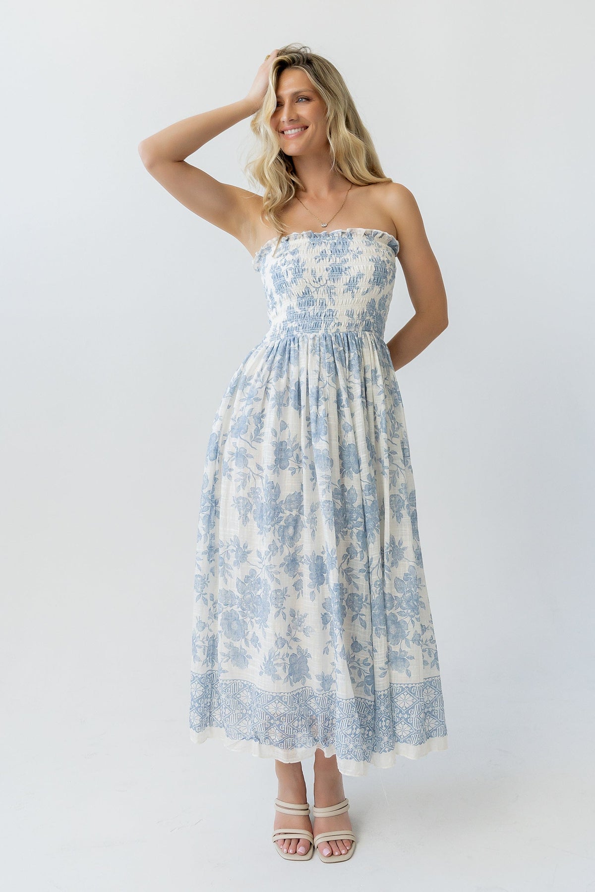 By Together Ivory Blue Floral Smocked Strapless Midi Dress | By Together - Little Miss Muffin Children & Home