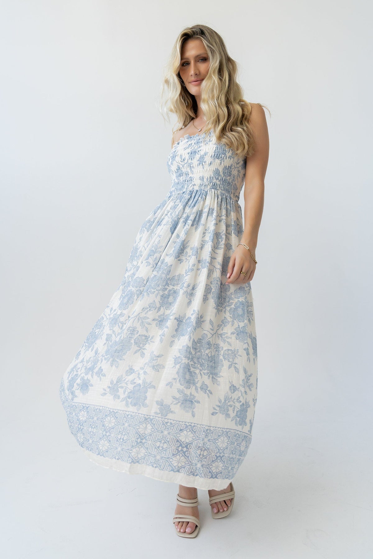 By Together Ivory Blue Floral Smocked Strapless Midi Dress | By Together - Little Miss Muffin Children & Home