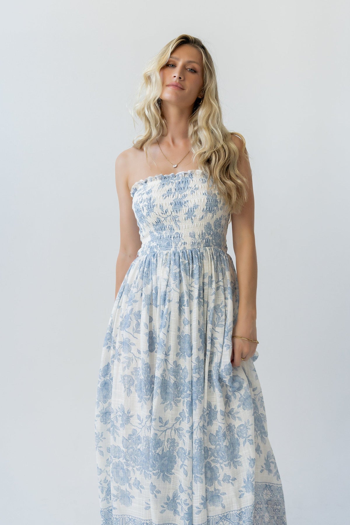 By Together Ivory Blue Floral Smocked Strapless Midi Dress | By Together - Little Miss Muffin Children & Home