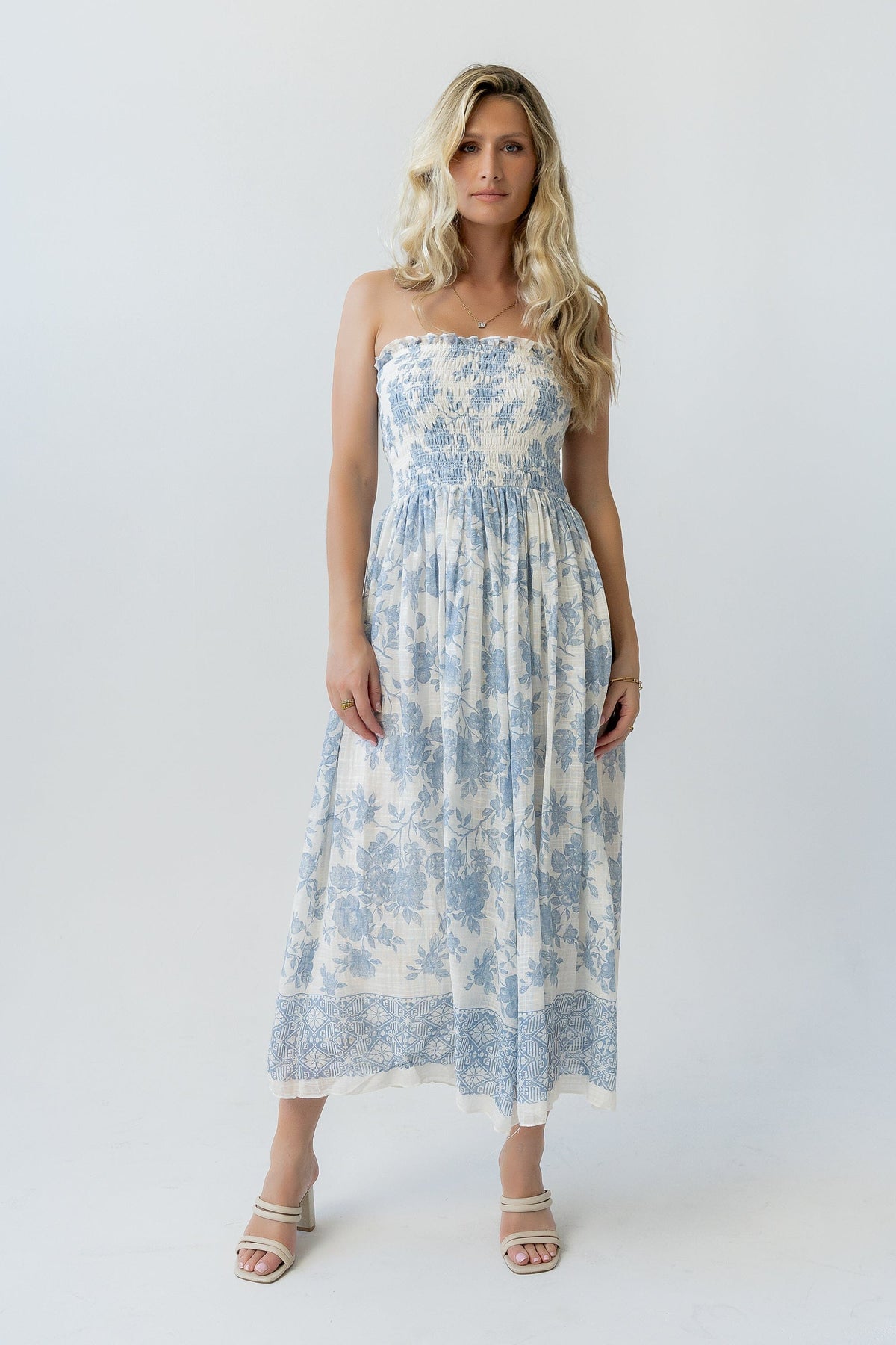 By Together Ivory Blue Floral Smocked Strapless Midi Dress | By Together - Little Miss Muffin Children & Home