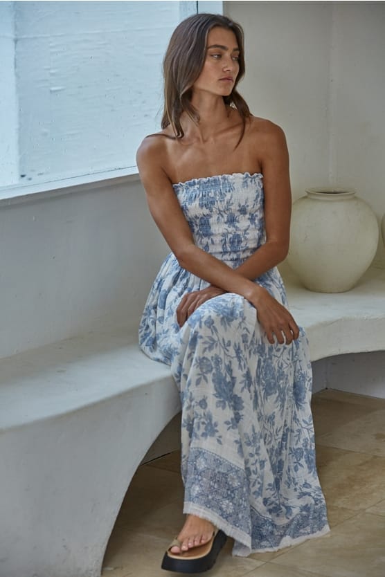 By Together Ivory Blue Floral Smocked Strapless Midi Dress | By Together - Little Miss Muffin Children & Home