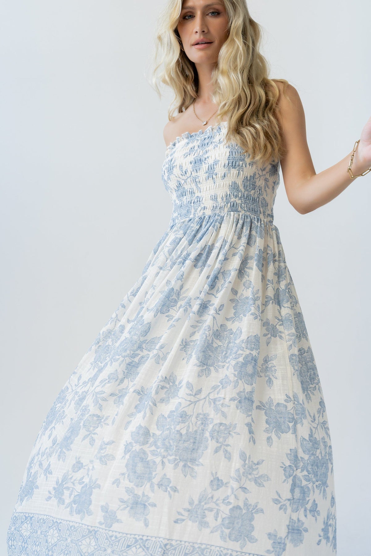 By Together Ivory Blue Floral Smocked Strapless Midi Dress | By Together - Little Miss Muffin Children & Home