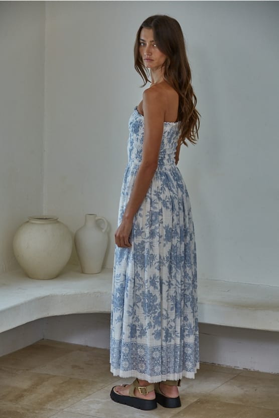 By Together Ivory Blue Floral Smocked Strapless Midi Dress | By Together - Little Miss Muffin Children & Home