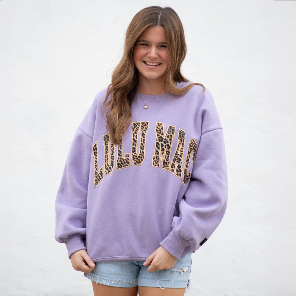Girlie Girl Originals Cozy Leopard Lettering Sweatshirt in Soft Lavender - Little Miss Muffin Children & Home