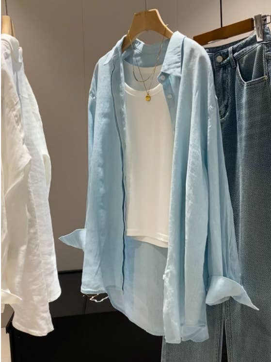 Lightweight Cotton Linen Button Down Blouse in Light Blue