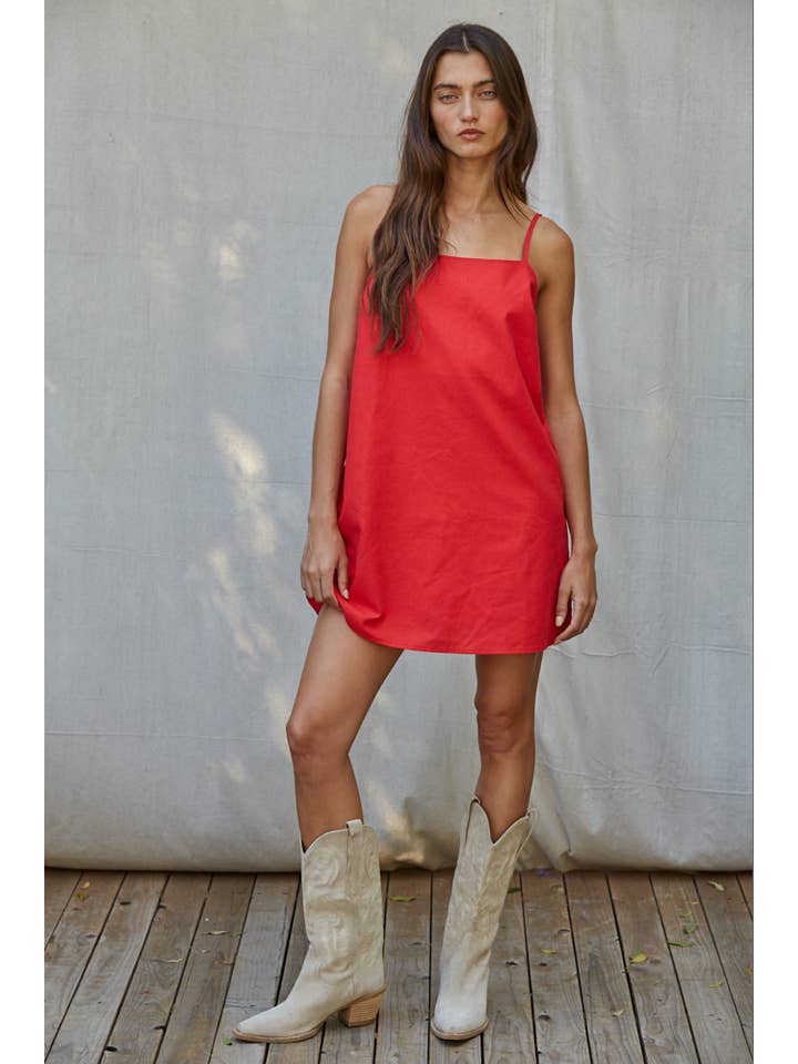 Linen Blend Spaghetti Strap Mini Shift Dress