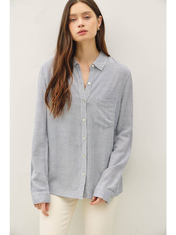 Be Cool Linen Blend Stripe Button Down in Denim - Little Miss Muffin Children & Home