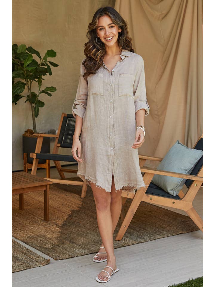 Linen Long Sleeve Button Down Mid-Length Dress in Beige