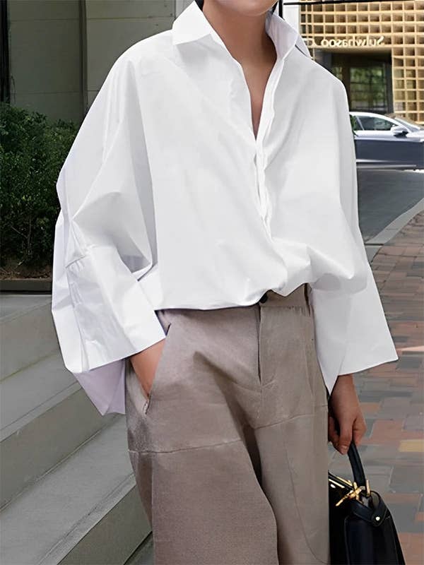Long Sleeve Loose White Lapel Collar Shirt