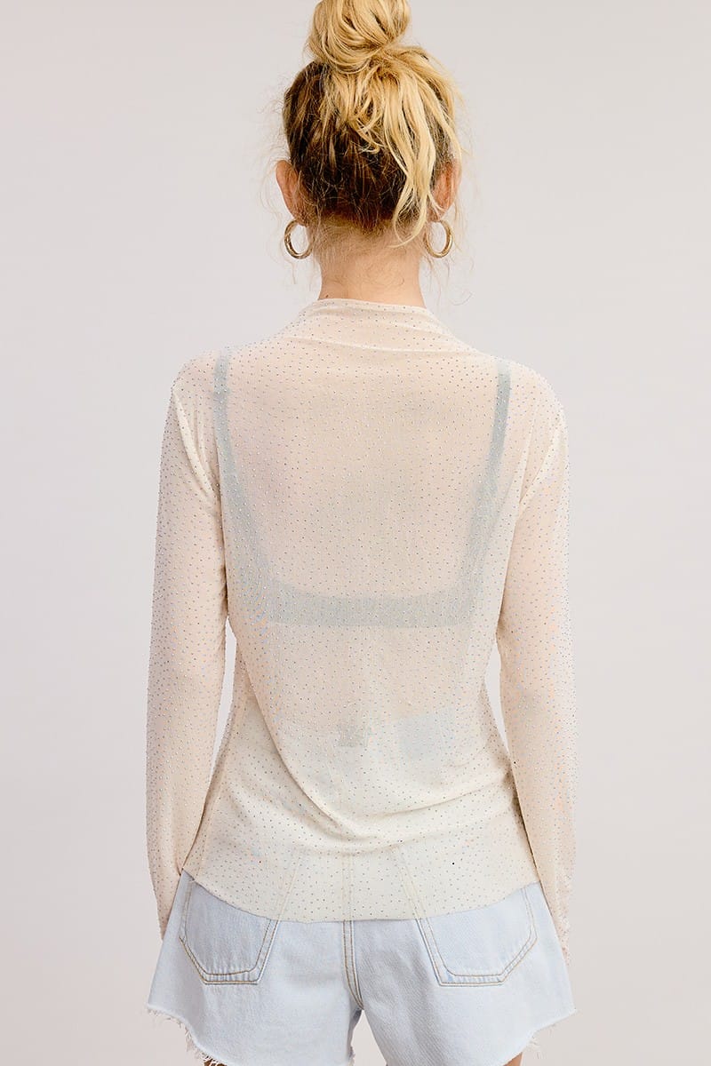 Long Sleeve Rhinestone Sheer Mesh Top