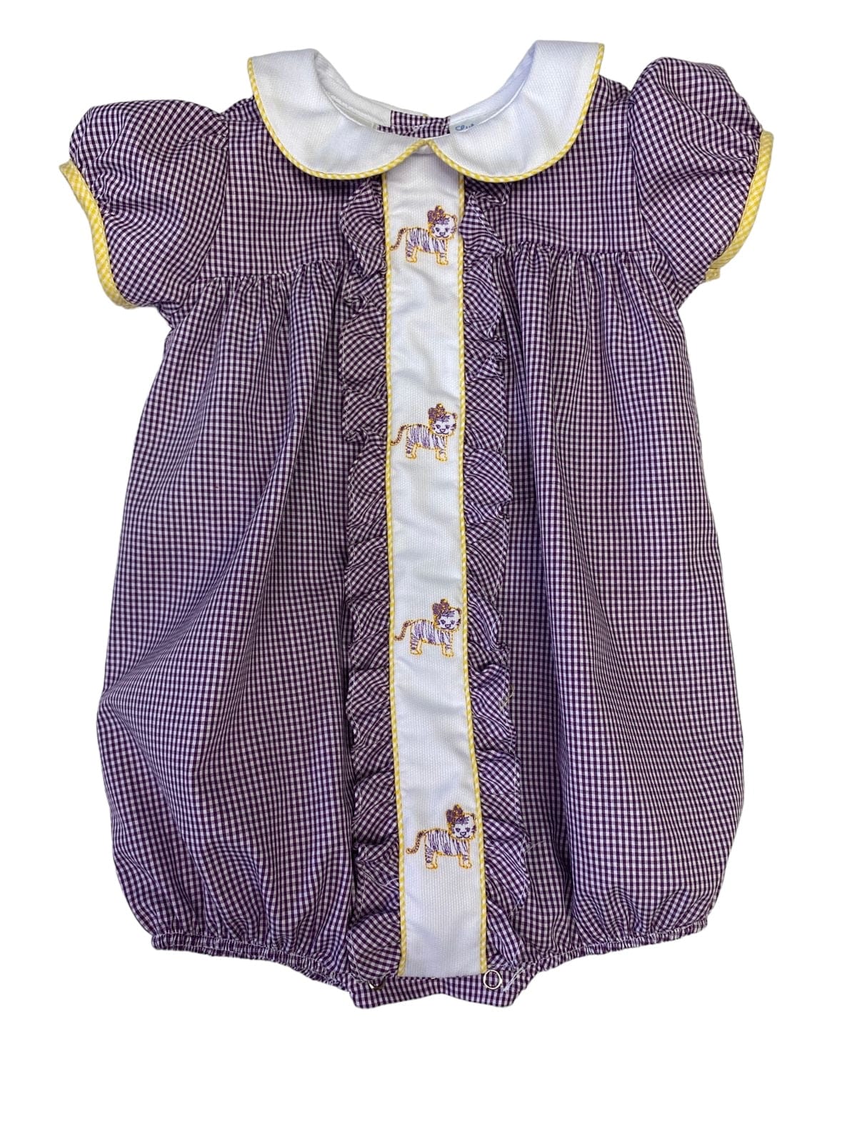 Lulu Bebe Milly LSU Tiger Embroidered Purple Gingham Bubble - Little Miss Muffin Children & Home