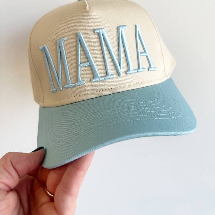 Mama Embroidered Vintage Trucker Hat in Ivory/Blue