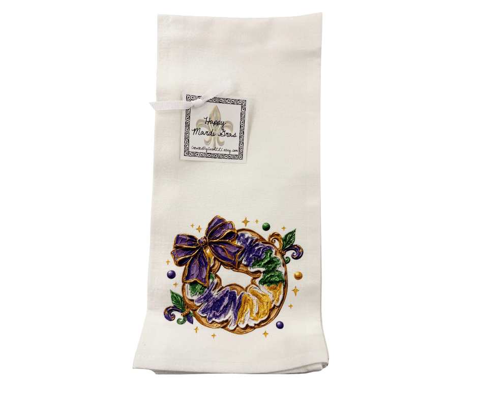 Mardi Gras Painted King Cake with Bows Towel