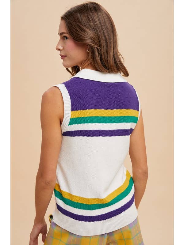 Mardi Gras Striped Sleeveless Polo Sweater