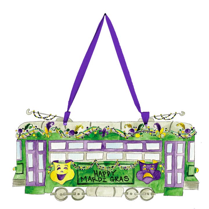 Magnolia Creative Co Mardi Gras Trolley Door Hanger with New Orleans streetcar watercolor