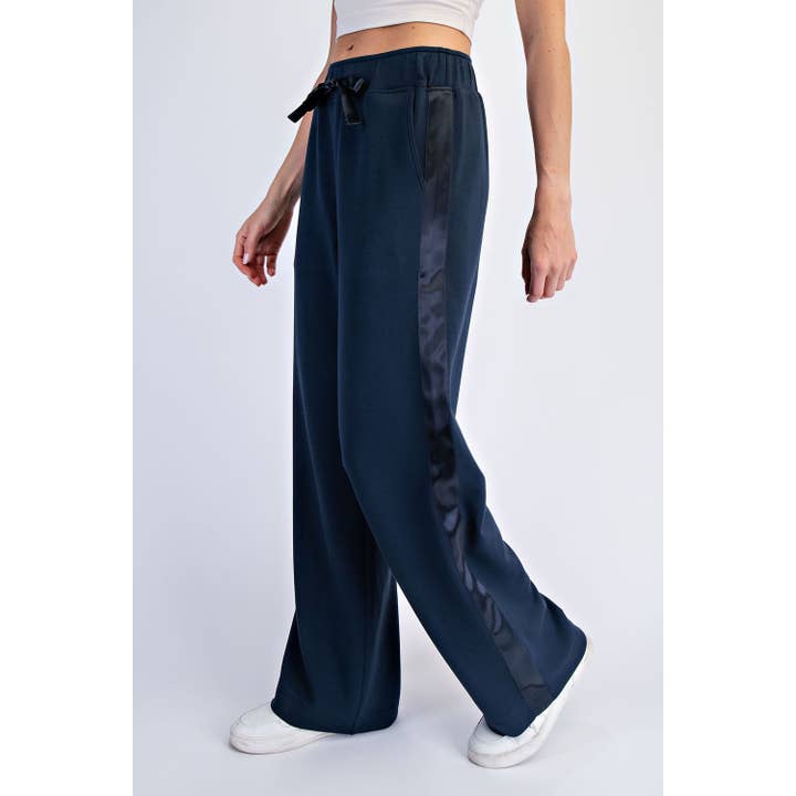 navy teal sweat pants with satin side trim