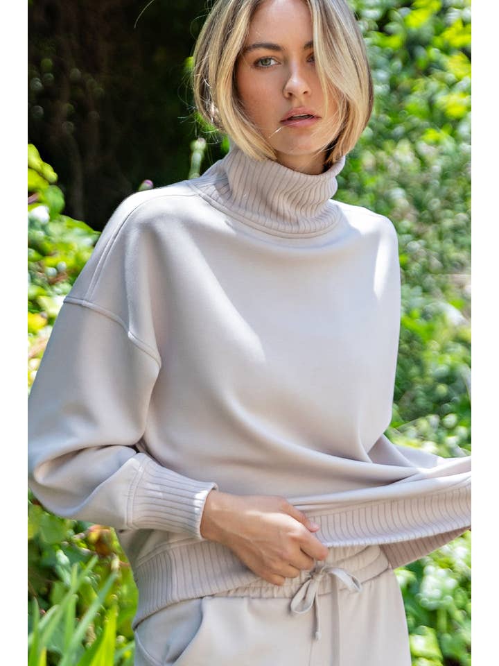 Modal Scuba Ribbed Turtleneck Sweater in Mocha Cream