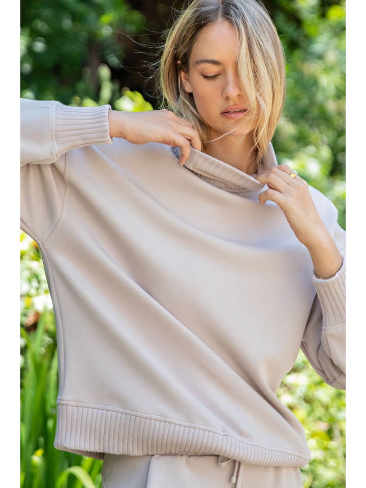 Modal Scuba Ribbed Turtleneck Sweater in Mocha Cream