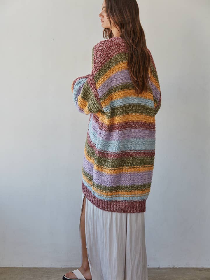 Multi Striped Knit Long Sleeve Long Cardigan