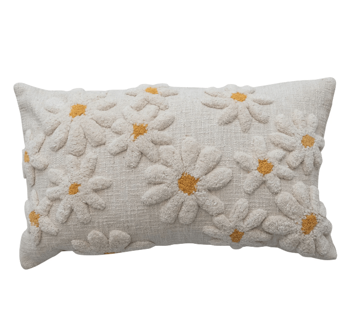 Natural & Yellow Cotton Slub Lumbar Pillow with Tufted Flowers