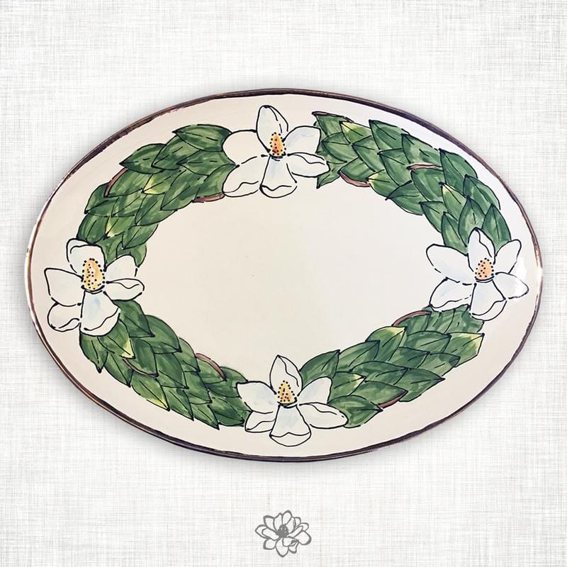 Magnolia Creative Co Magnolia Oval Platter, hand-painted magnolia with 22k gold trim