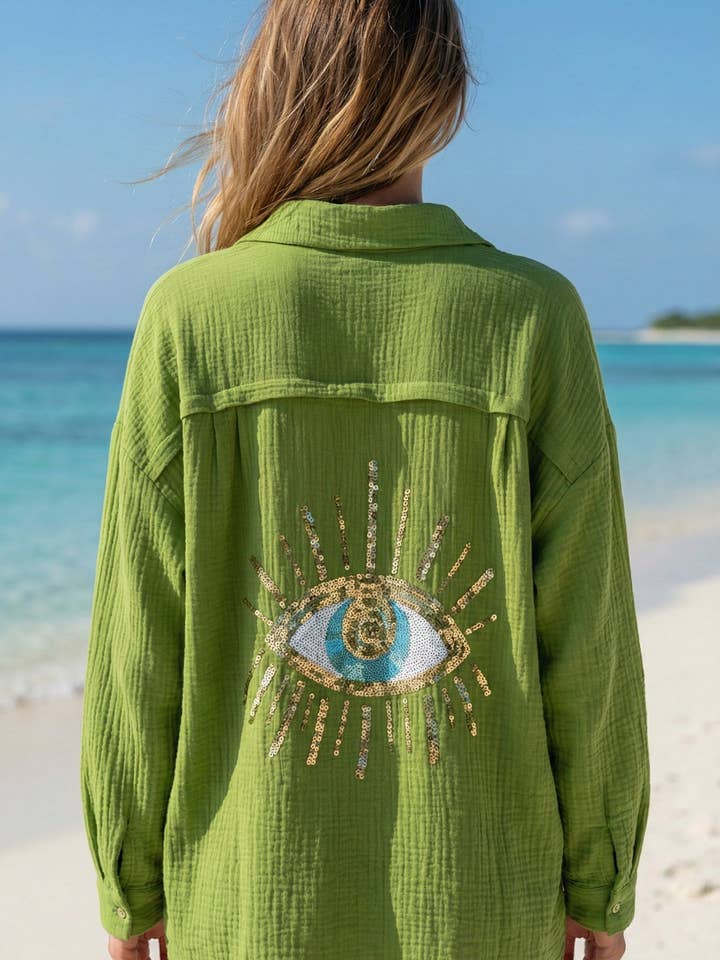 Oversized Sequin Eye Cotton Gauze Cover Up in Olive
