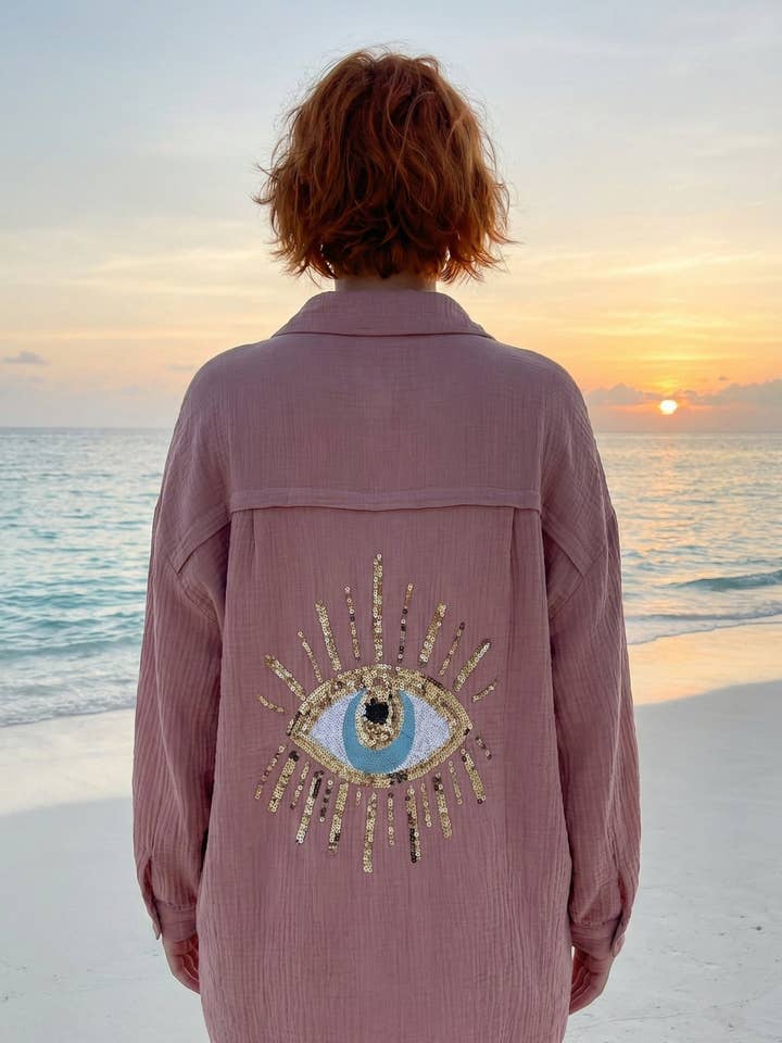 Oversized Sequin Eye Cotton Gauze Cover Up in Rose