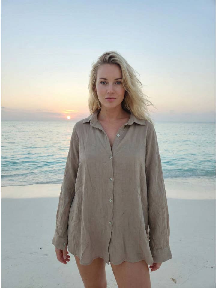 Oversized Sequin Eye Cotton Gauze Cover Up in Taupe