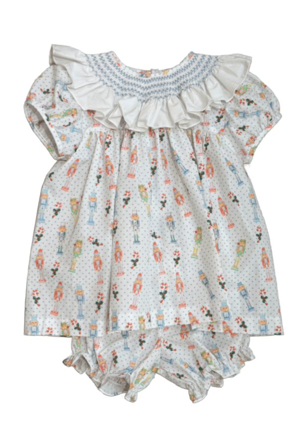 Penny Nutcracker Print Bloomer Set with Smocked Ruffle Collar