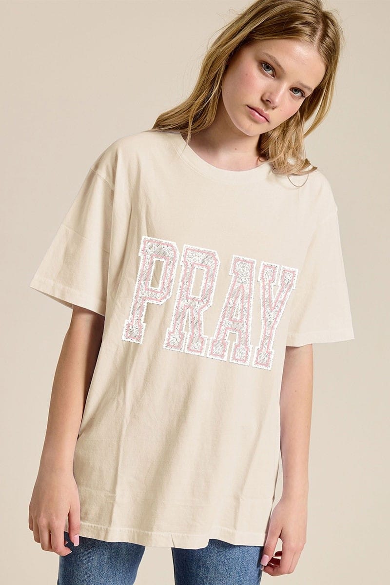 Puff Embroidered Lace Pray Tee in Bone