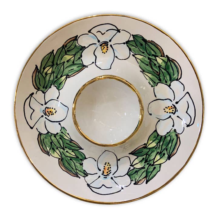 Magnolia Creative Co Magnolia Round Platter, hand-painted magnolia wreath with 22k gold trim