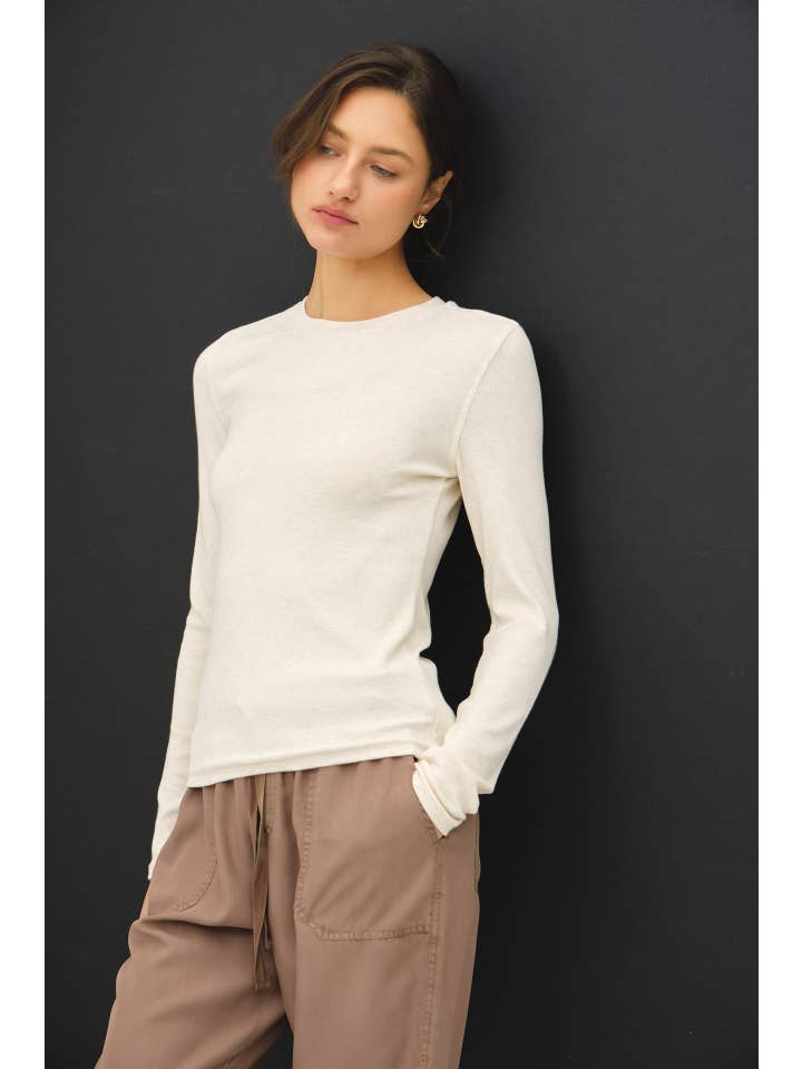 Ribbed Crewneck Long Sleeve Basic Top in Oatmeal