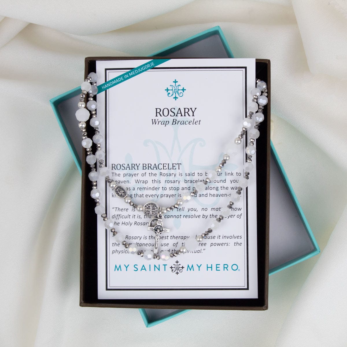 My Saint My Hero Miracles Rosary Wrap Bracelet - Grey/Crystal/Pearl - Little Miss Muffin Children & Home