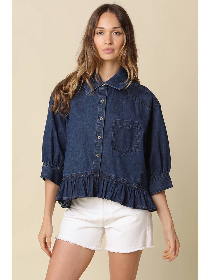 Ruffle Hem Denim Shirt Jacket