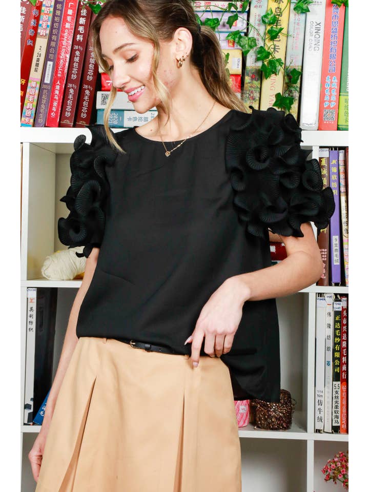 Ruffle Short Sleeve Round Neck Blouse in Black