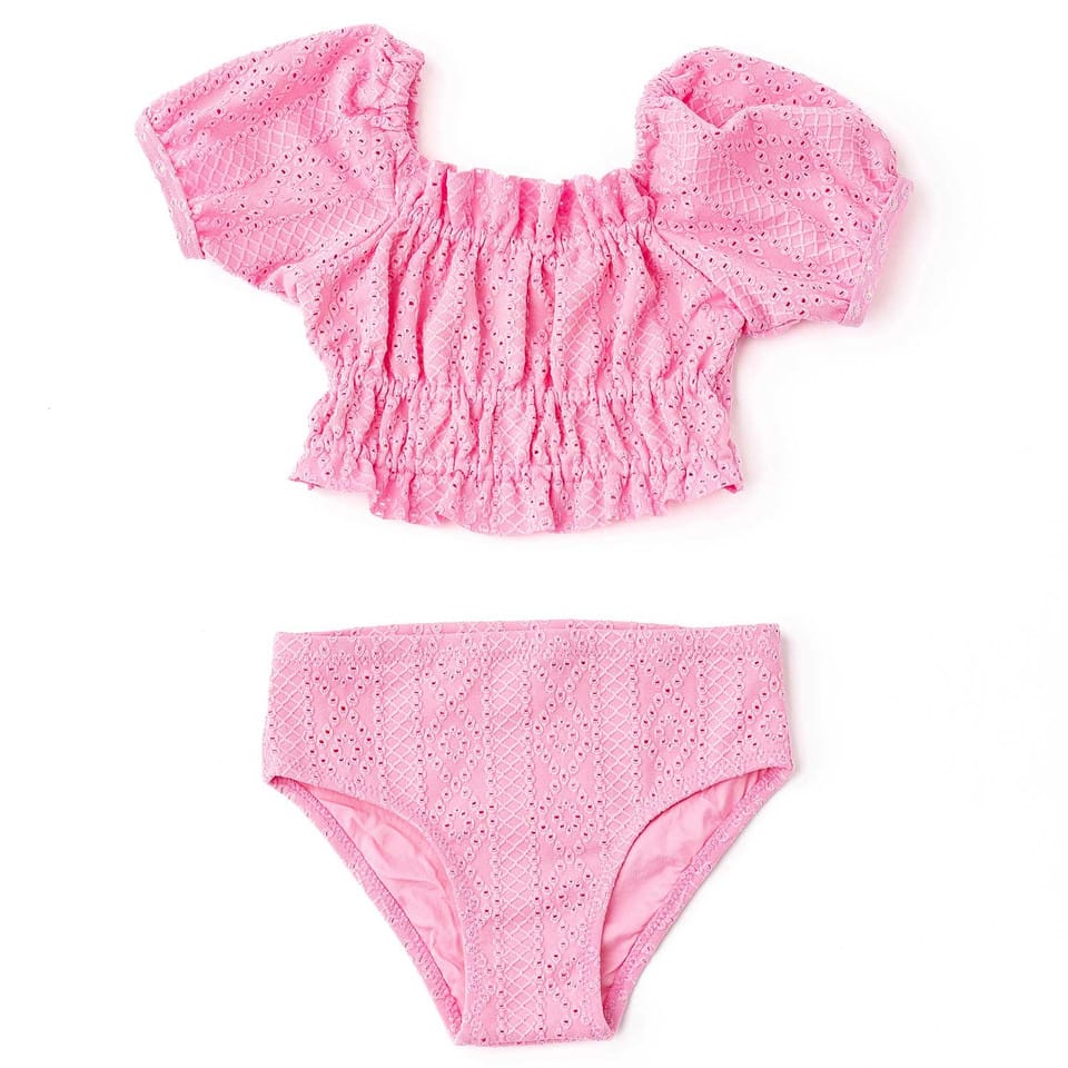 Pink Eyelet Smocked Puff Sleeve 2pc