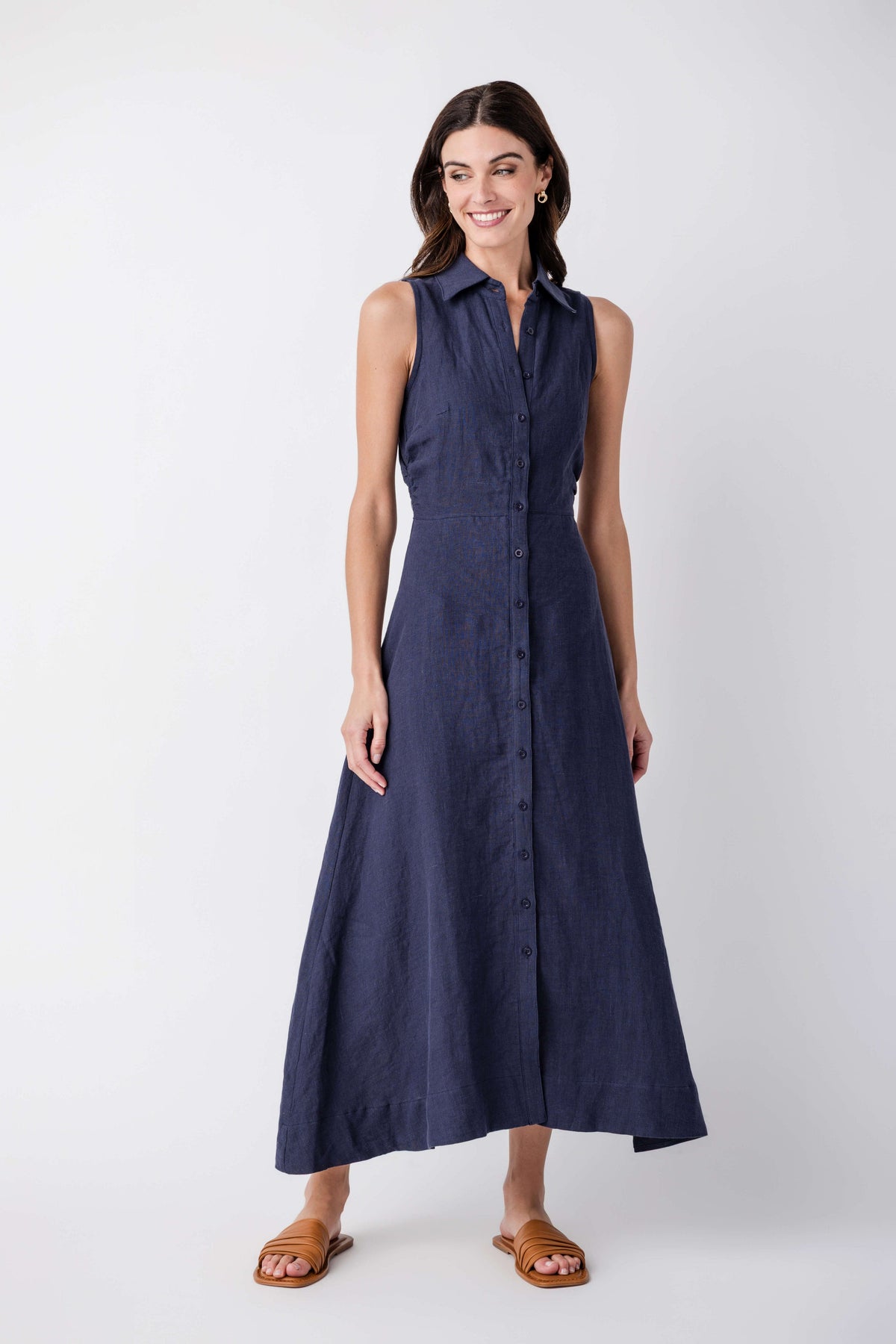 Aimme Button-Front Linen Maxi Dress in Navy