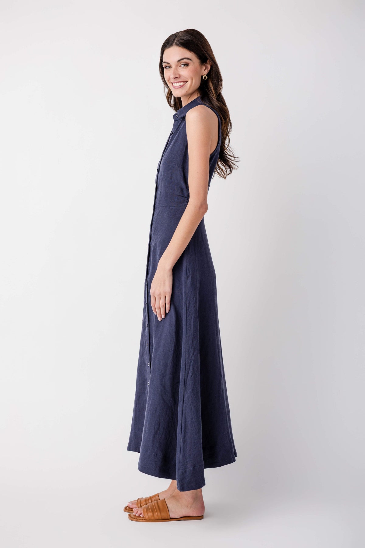 Aimme Button-Front Linen Maxi Dress in Navy