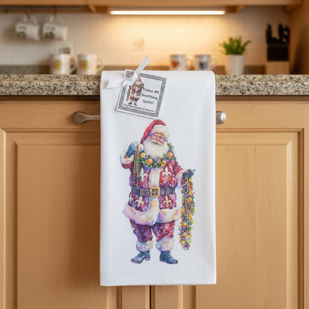 Santa Handing Out Mardi Gras Beads Towel