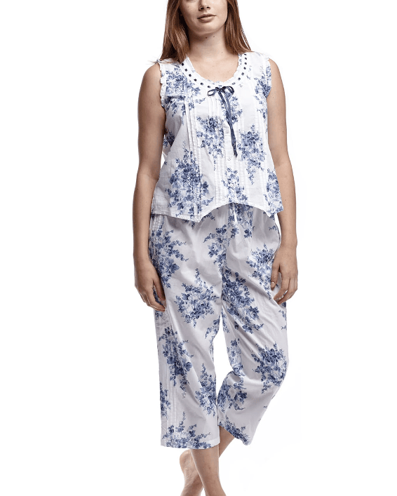 White & Blue Floral Print Sleeveless Top Cotton Pajama Set