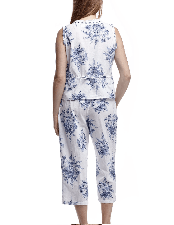 La Cera White & Blue Floral Print Sleeveless Top Cotton Pajama Set - Little Miss Muffin Children & Home